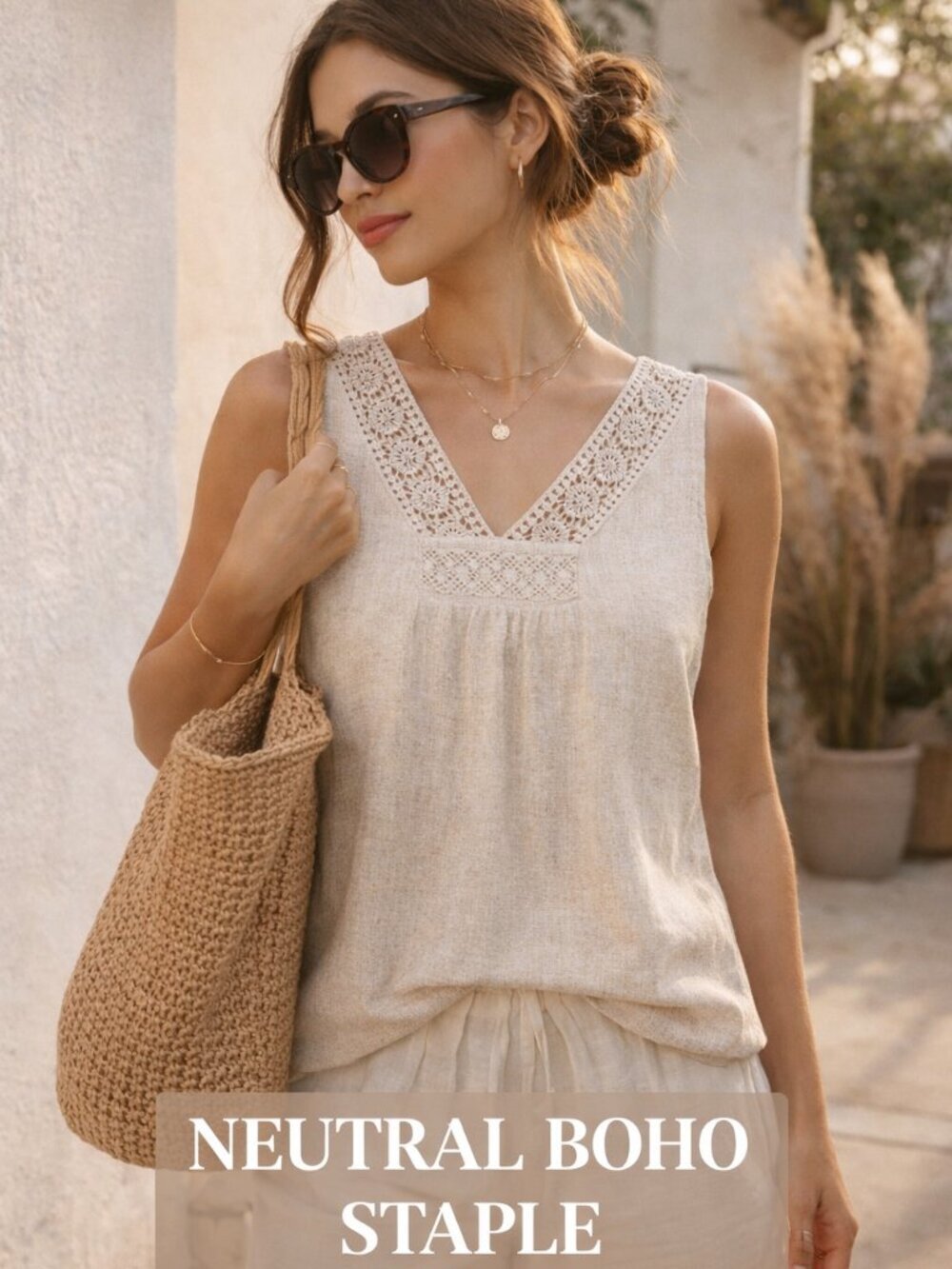 Earthbound Trading Co Beige Sleeveless Boho Top Neutral Minimalist Small